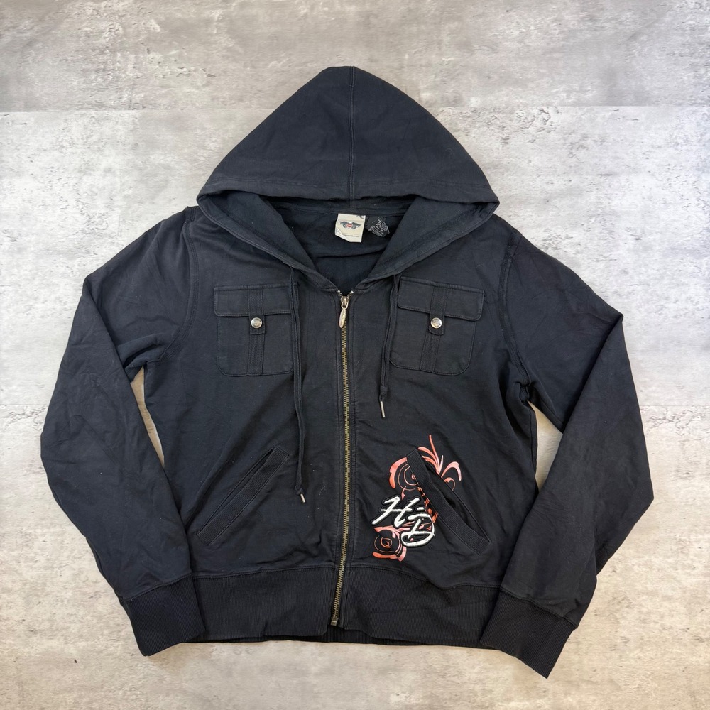 Harley Davidson Womens XL Black Zip Up‎ Hoodie Graphic
